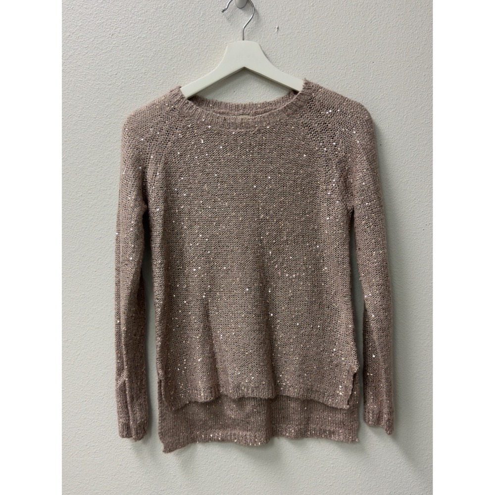 Cremieux Sequin Knit Sweater Womens XS Mauve Pink High-Low Raglan Sparkle Chic